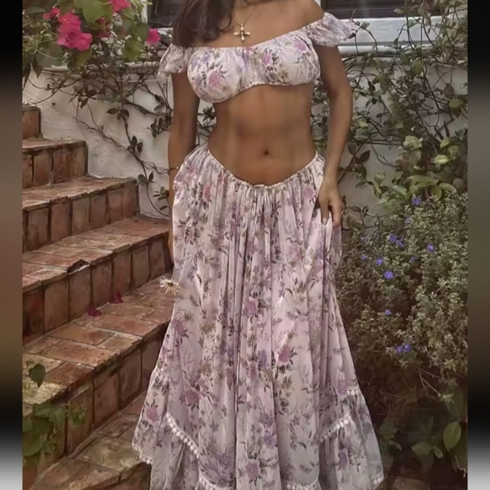 Whispering Roses Boho Floral Print Maxi Skirt, Feminine Summer Skirt